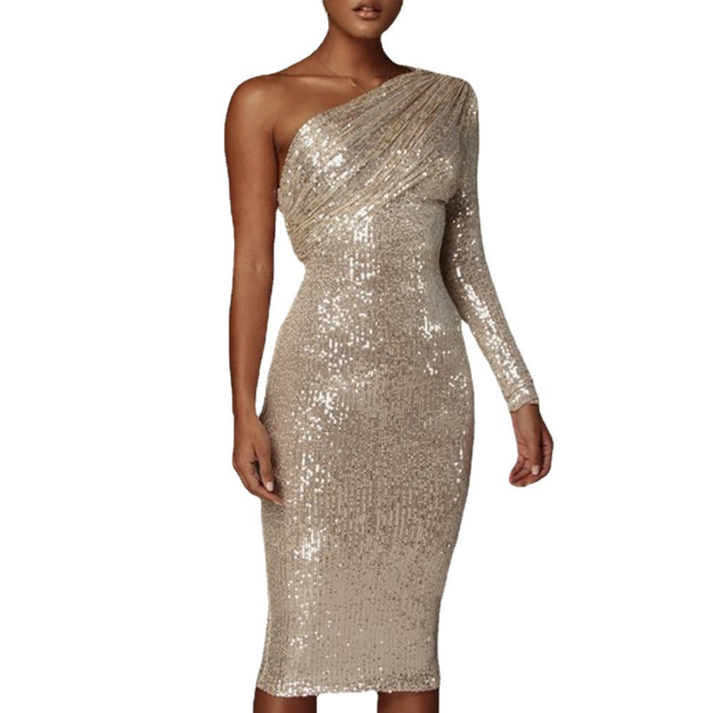Women's Diagonal Collar Fashionable Sequins Nightclub Sexy Dress