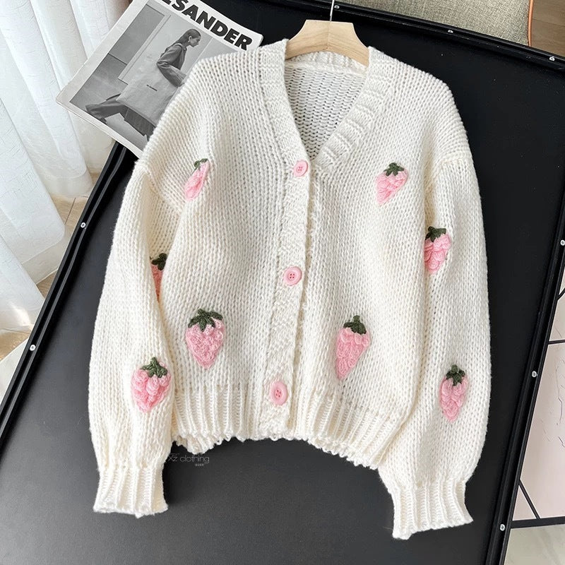 Fashion Three-dimensional Embroidered Strawberry Jacquard Knitted Soft Cardigans