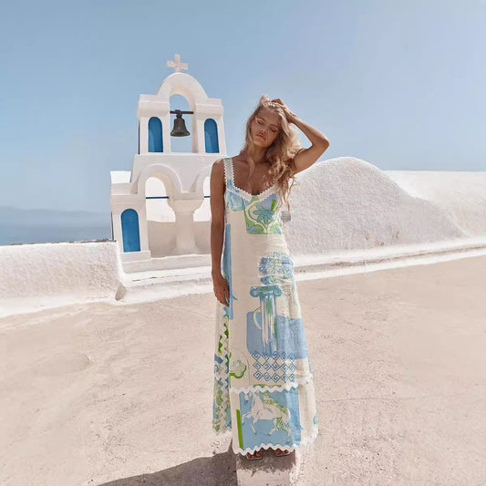 Fashion Linen Printed Sexy Backless Bow Dresses