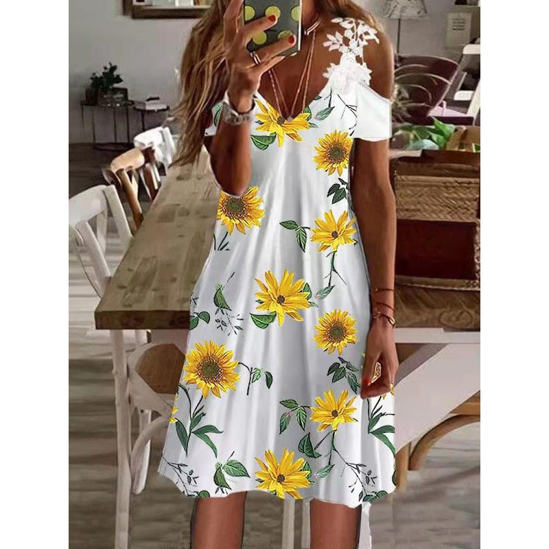 Women's Summer Lace Ruffled Sleeves Printed Dress Dresses