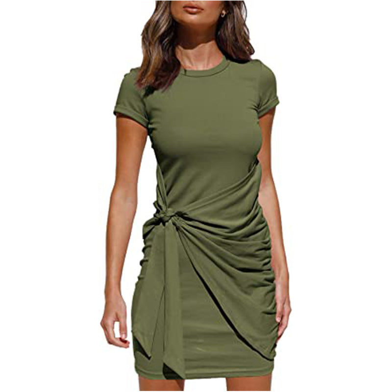 Sleeve Round Neck Pleated Bow Belt Dress