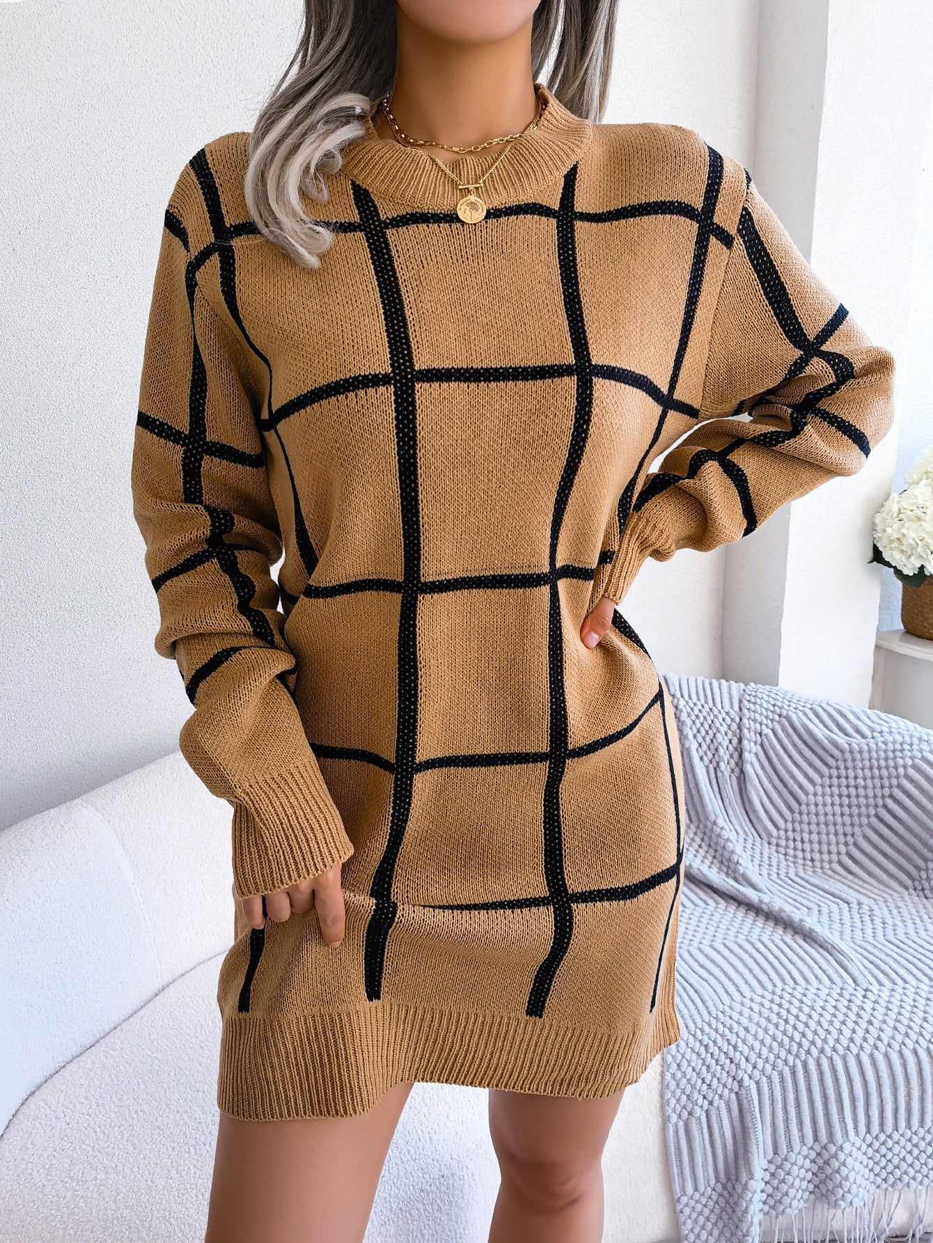 Women's Casual Contrast Color Plaid Long Sleeve Dress