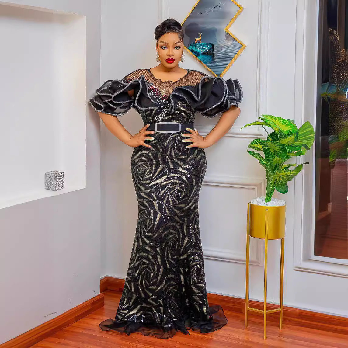 Women's Slim Fishtail Long Dress Off Shoulder Lotus Leaf Dresses