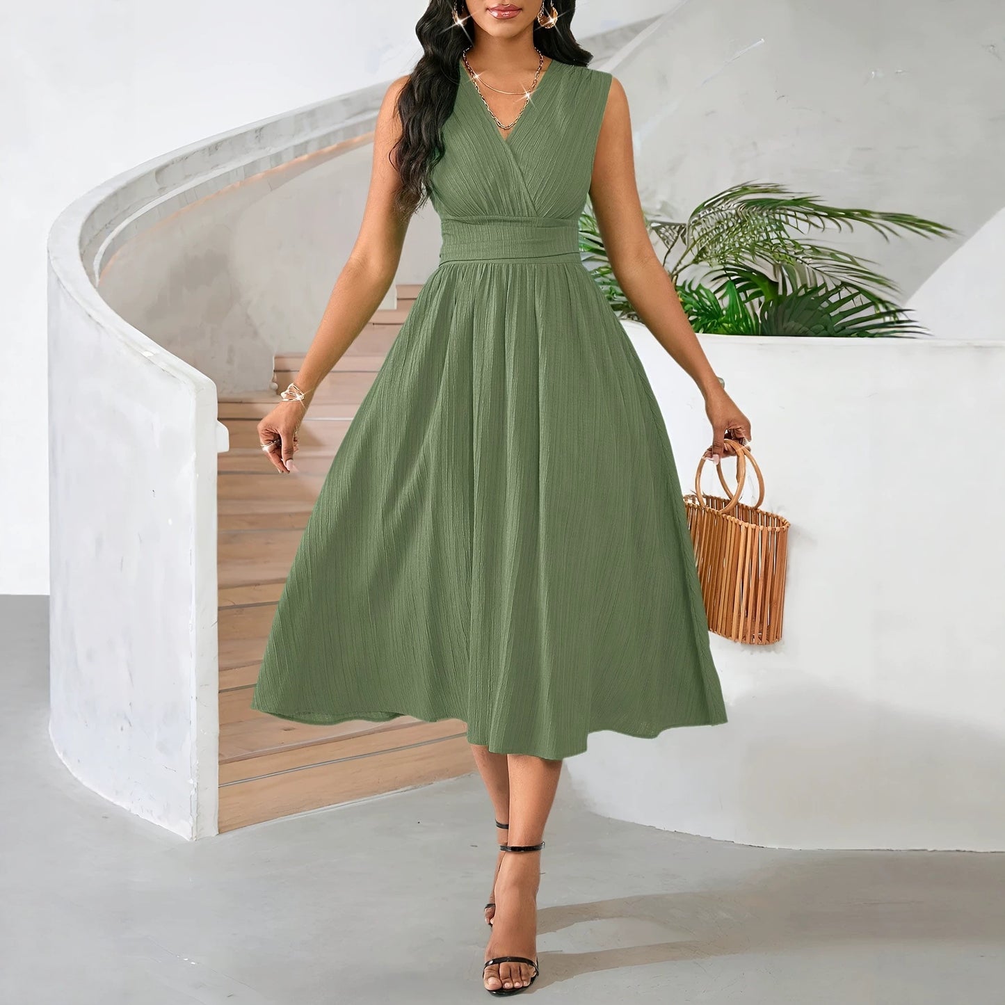 Wave Ruffle Mid-length Sleeveless Summer Holiday Smocking Formal Dress