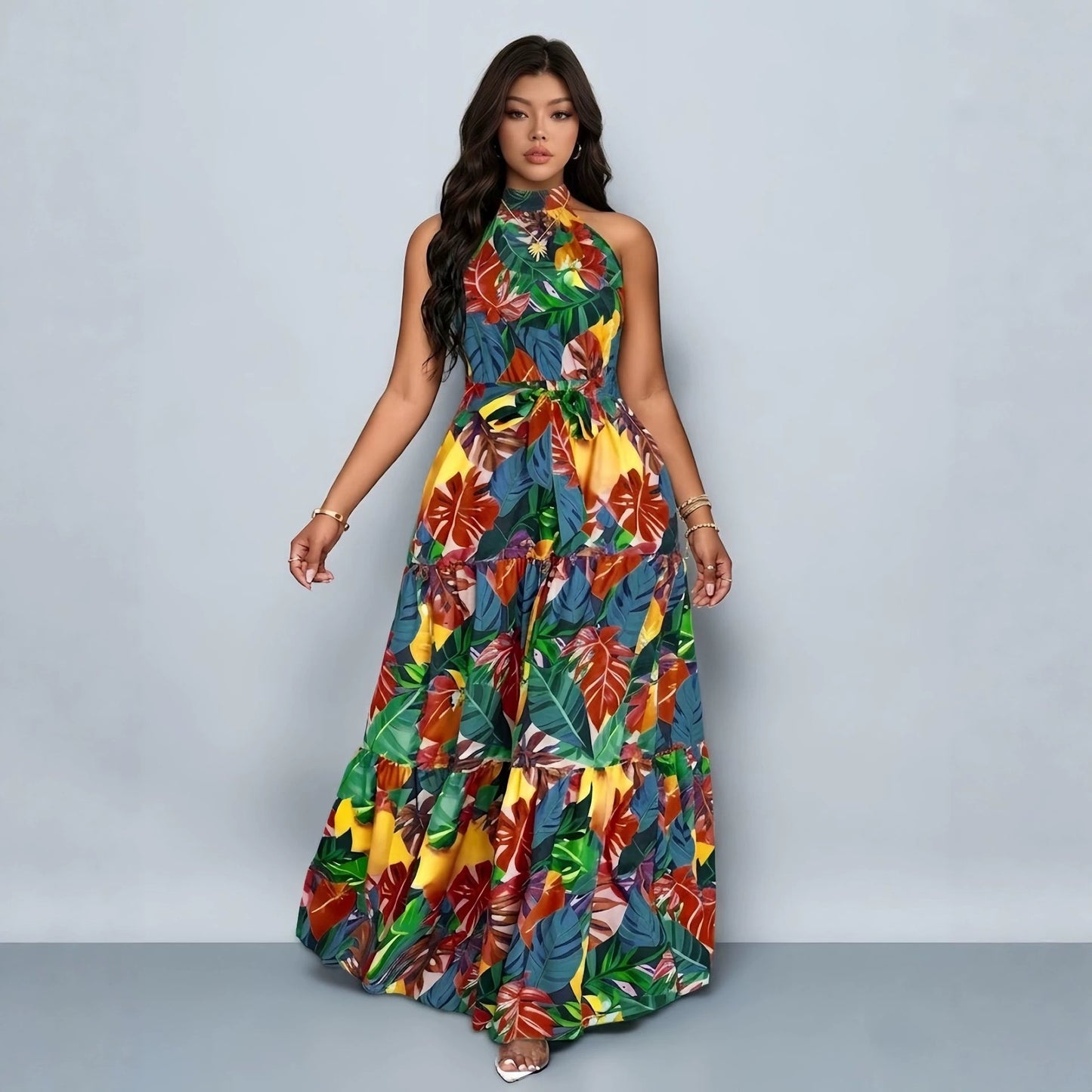 Women's Summer Fashion Sleeveless Halter Printed Waist Dress