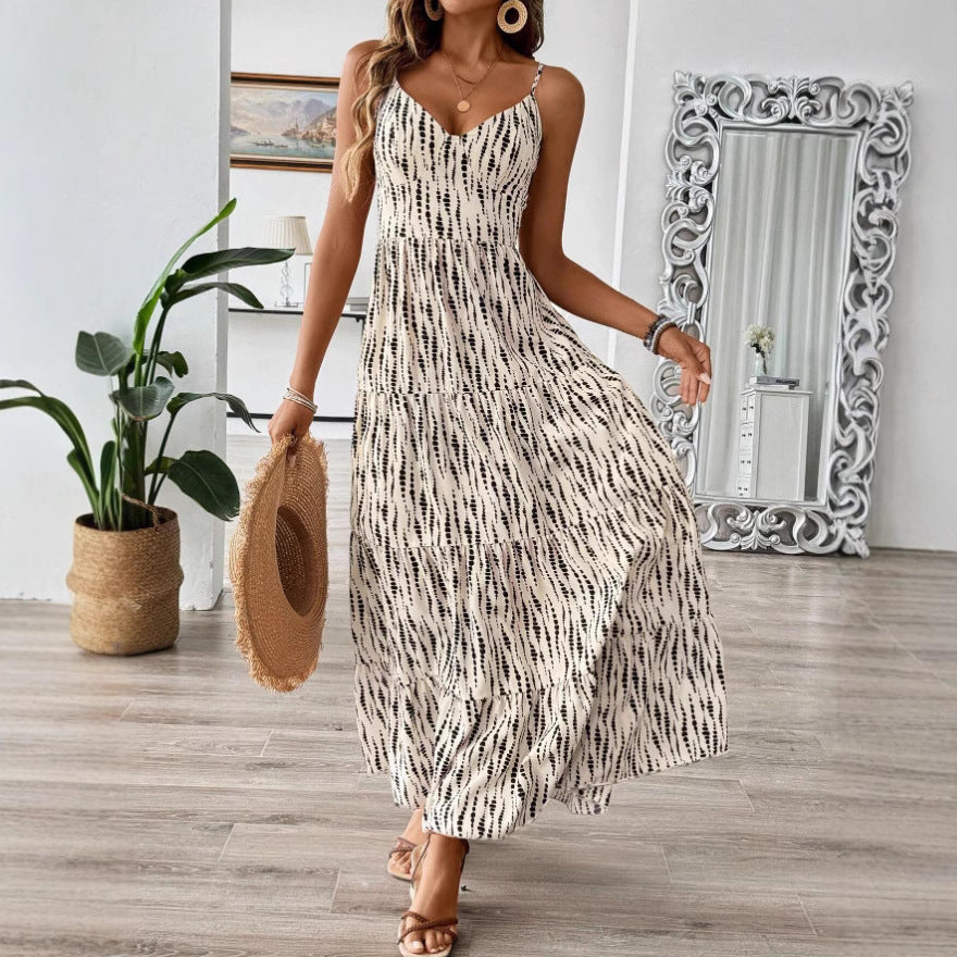 Women's Vacation Style Suspender Irregular Striped Design Dress