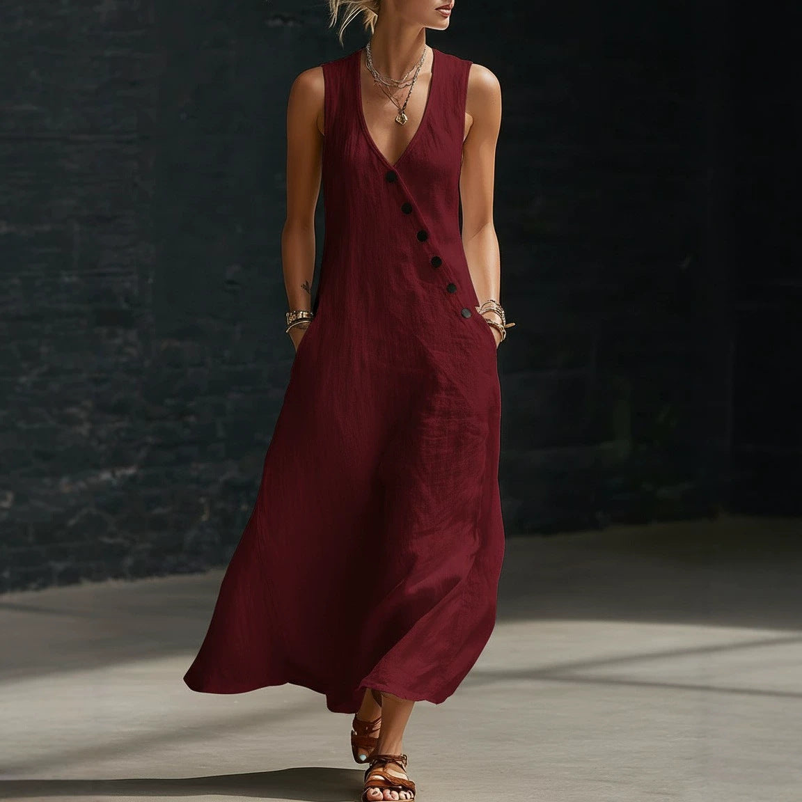 Idle Style Double-breasted Cotton Linen Sleeveless Dress