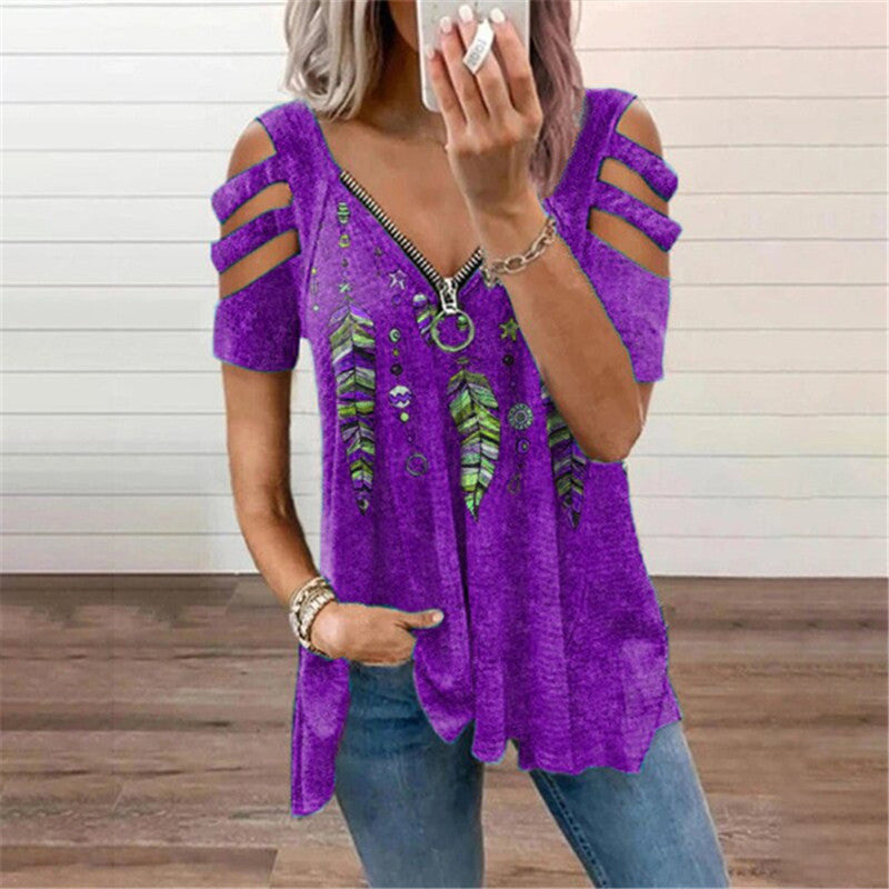 Women's Collar Zipper Pullover Sleeve Loose T-shirt Blouses