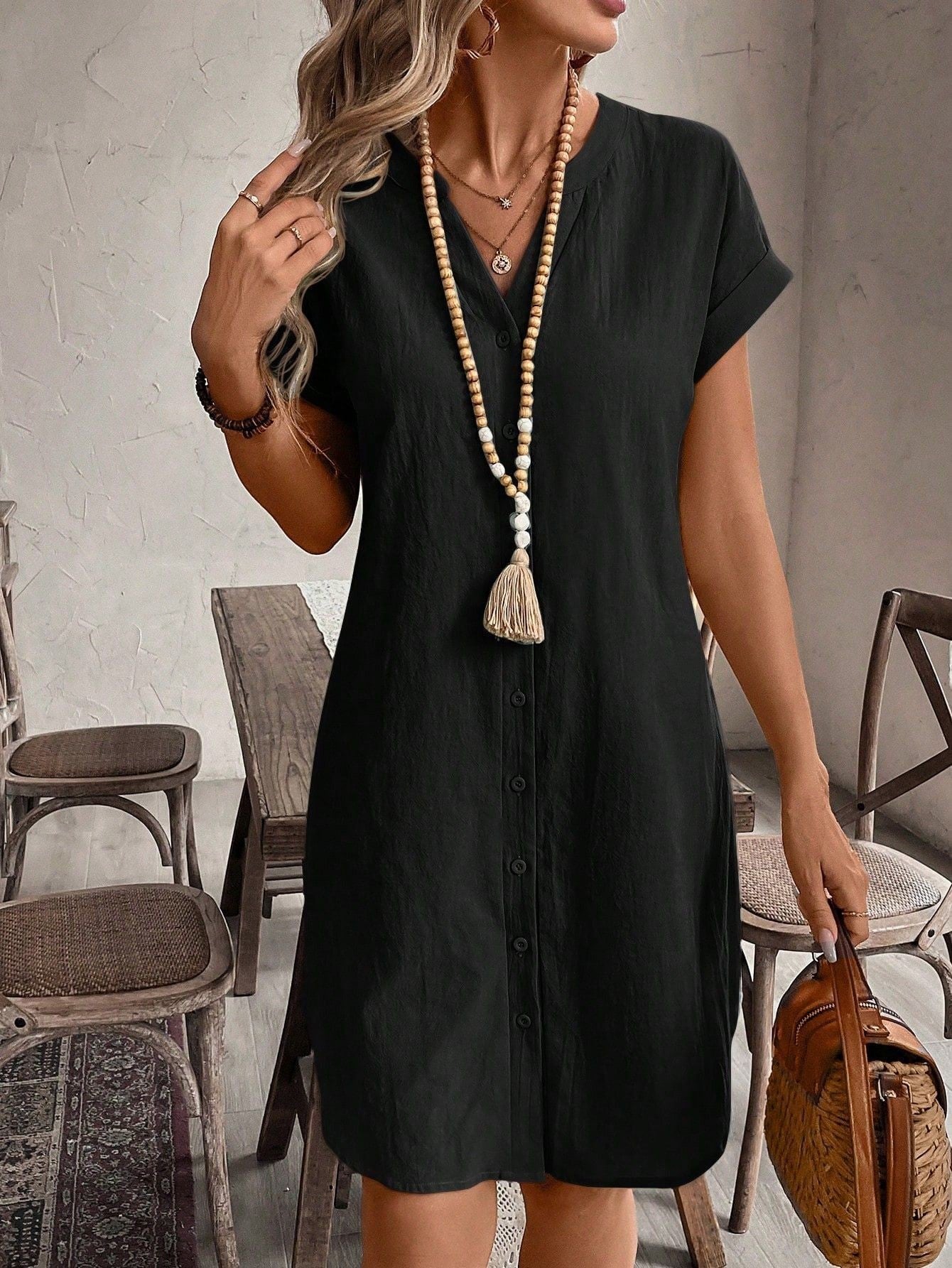 Women's Solid Color Short-sleeved Single-breasted Casual Seaside Dress