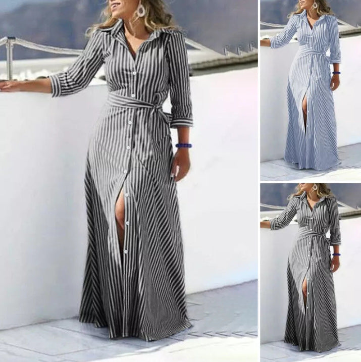 Temperament Cotton Linen Stripes Bohemian Three-quarter Length Dress