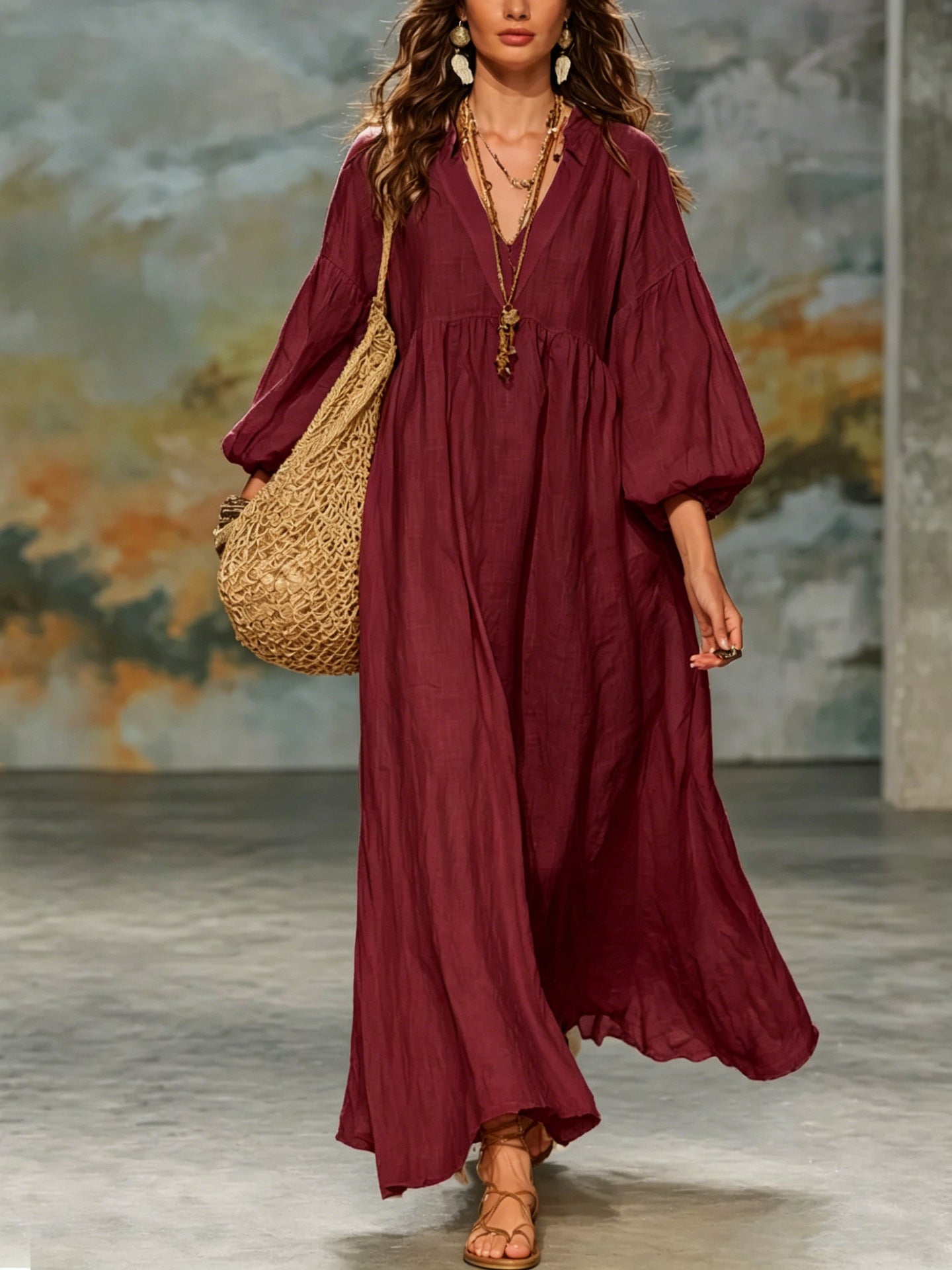 Women's Cotton Linen Deep V Lantern Sleeve Dress