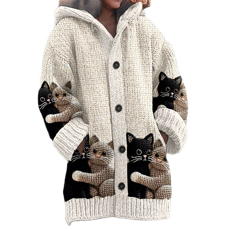 Elegant Women's Animal Cat Printing Hooded Cardigans