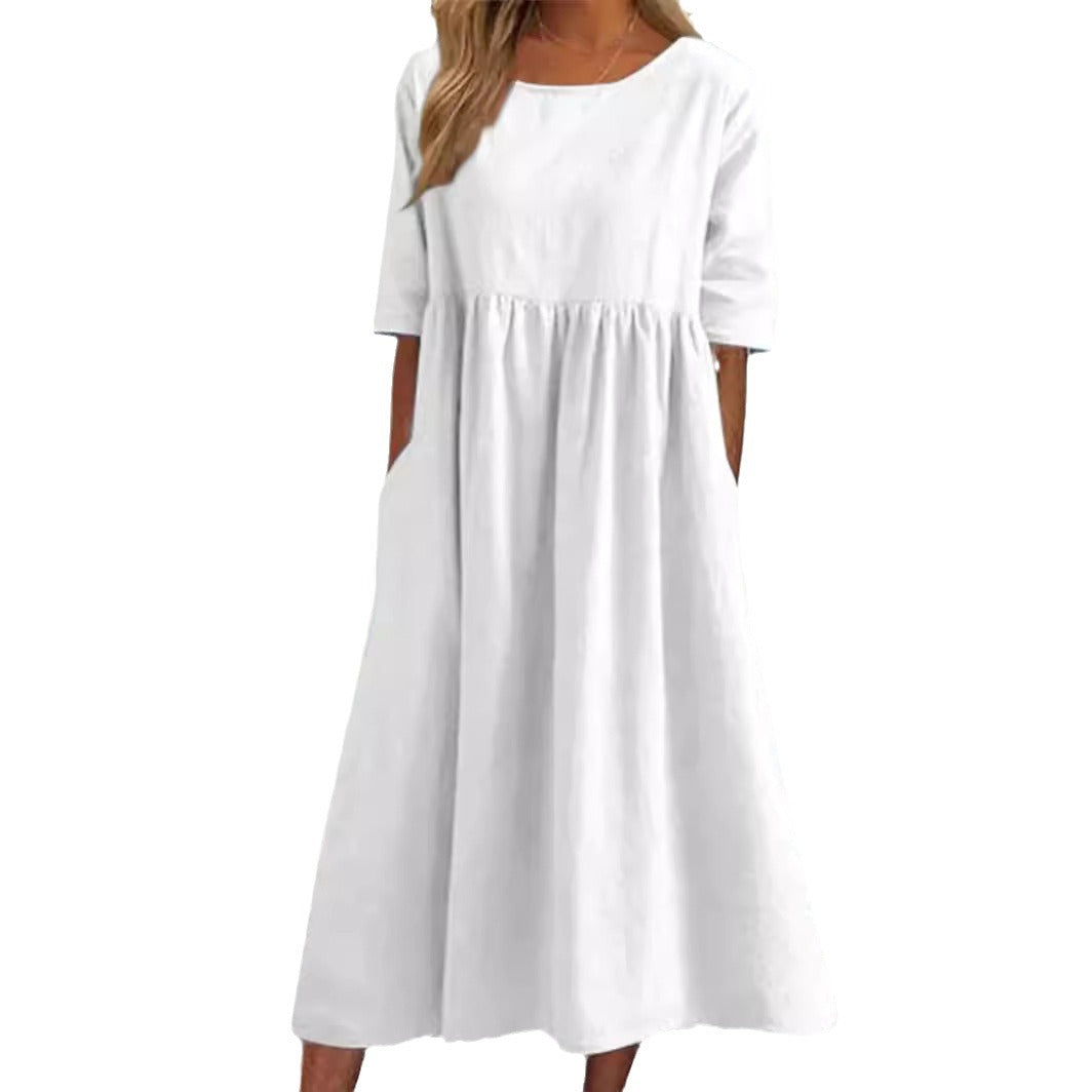 Casual Sleeve Pocket Pleated Loose Round Dress