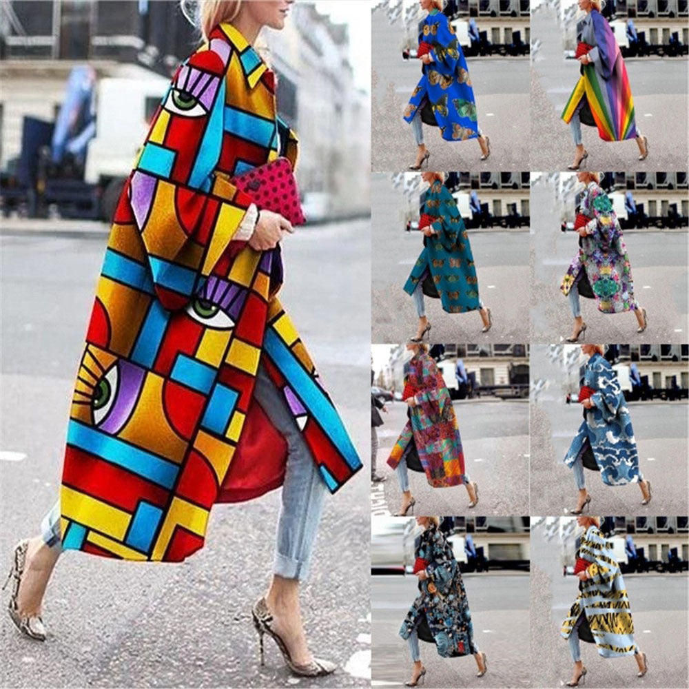 Women's Long Flared Sleeves Printed Loose Trench Coats