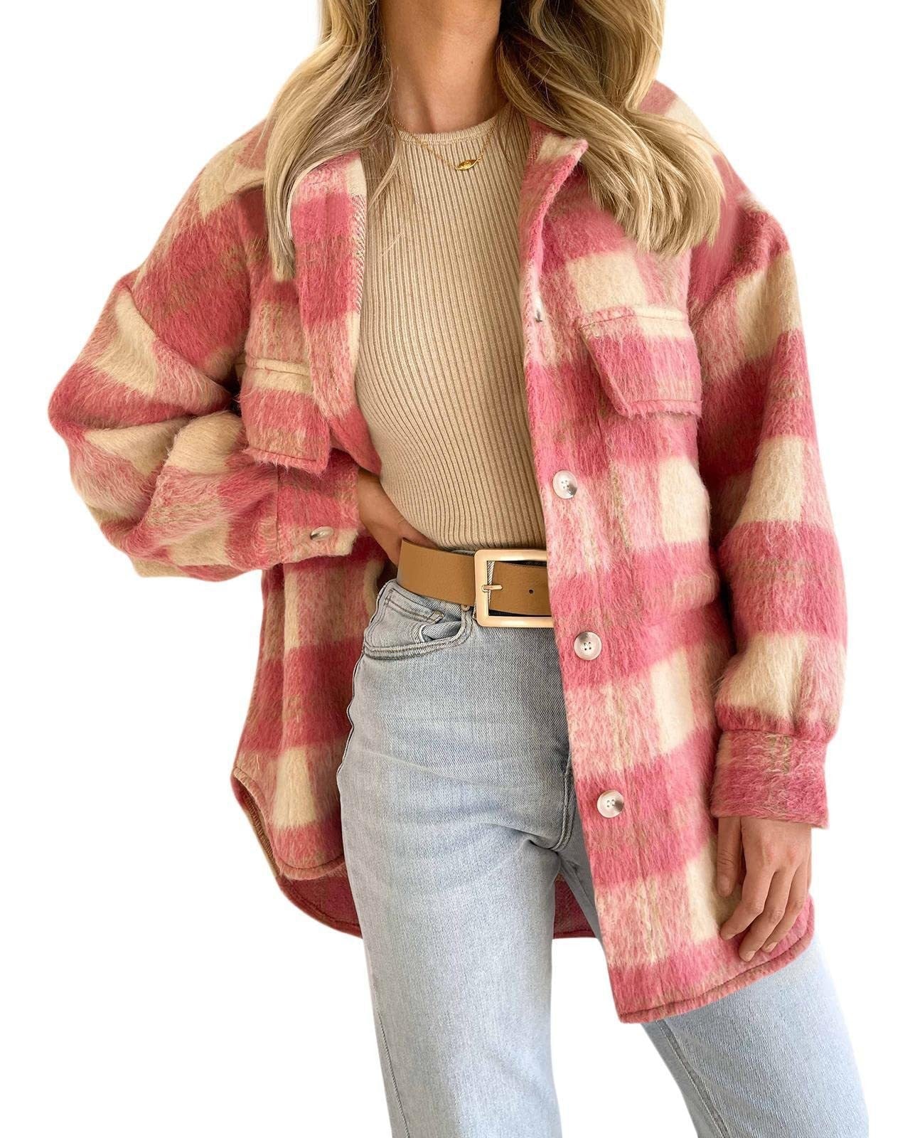Women's Winter Fashion Plaid Large Pocket Coarse Coats