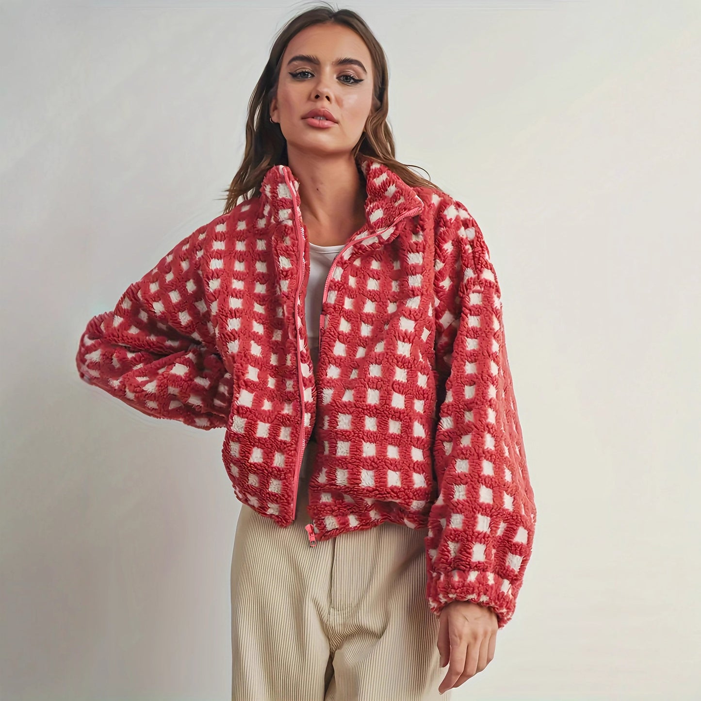 Women's Fashion Design Plush Red Plaid For Coats