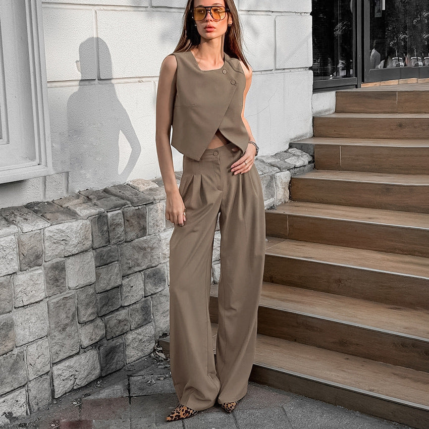 Women's Casual Khaki Fashion Elegant Sleeveless Trousers Suits