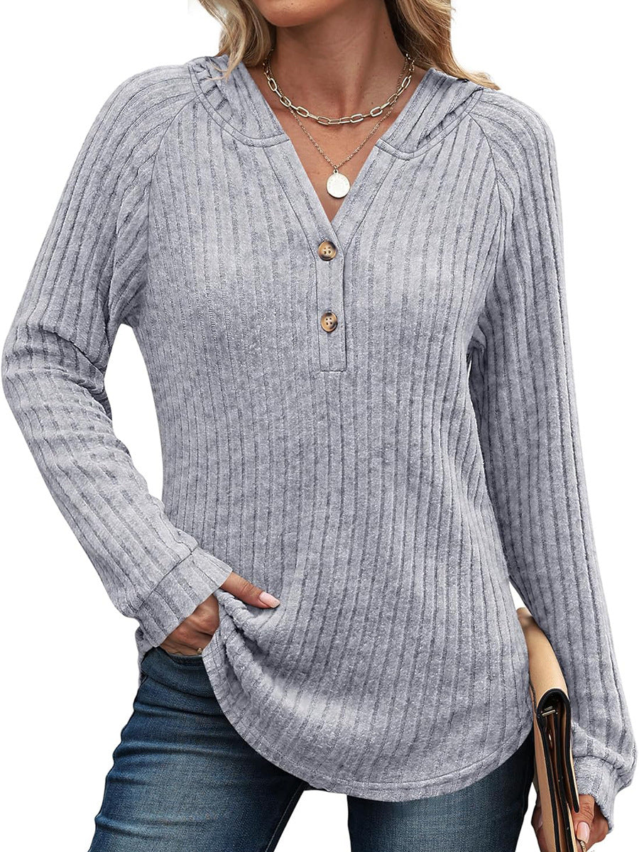 Solid Color Button Loose Hooded Fleece Women's Sweater