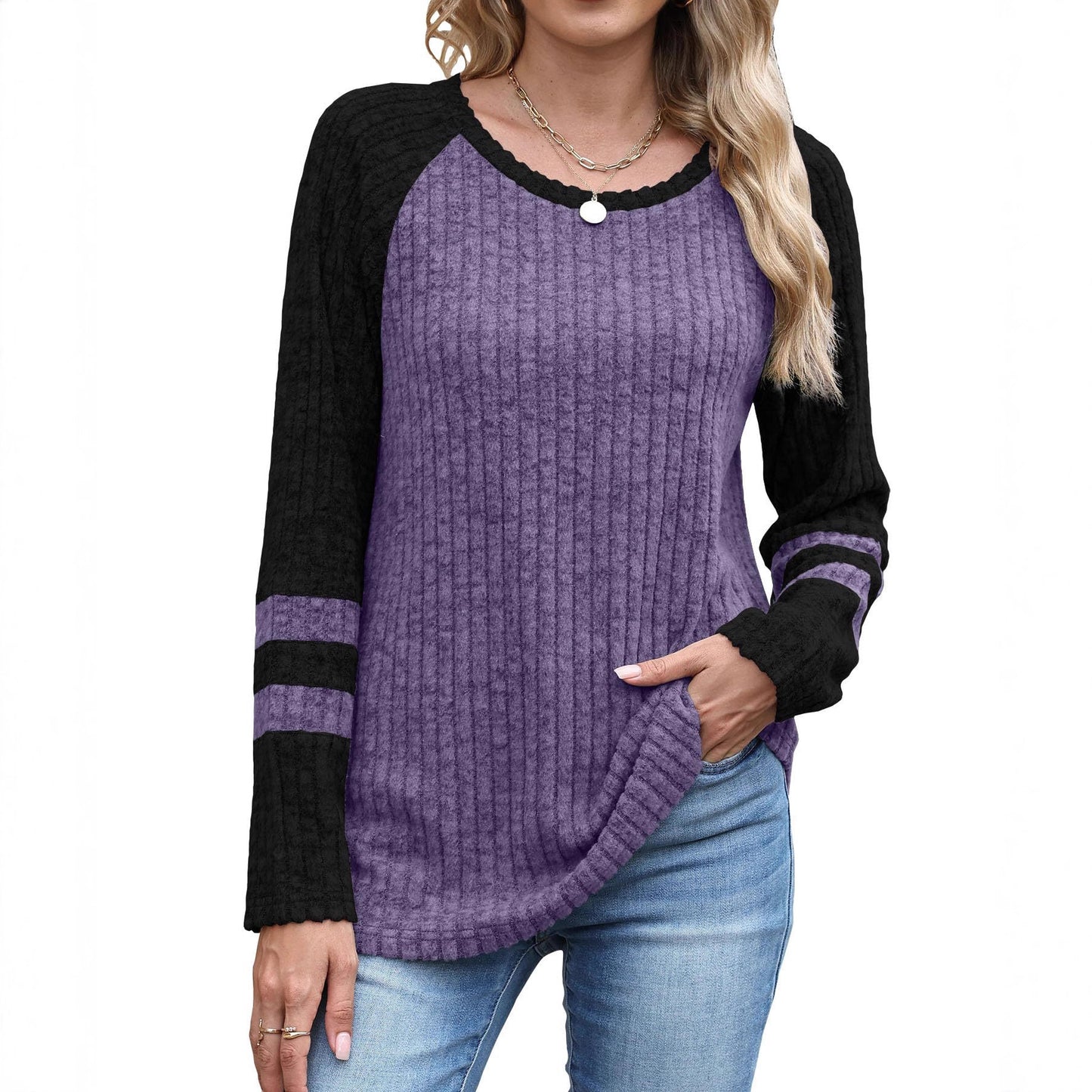 Women's Autumn Fashion Long Sleeve Contrast Color Round Neck Bottoming Sweater