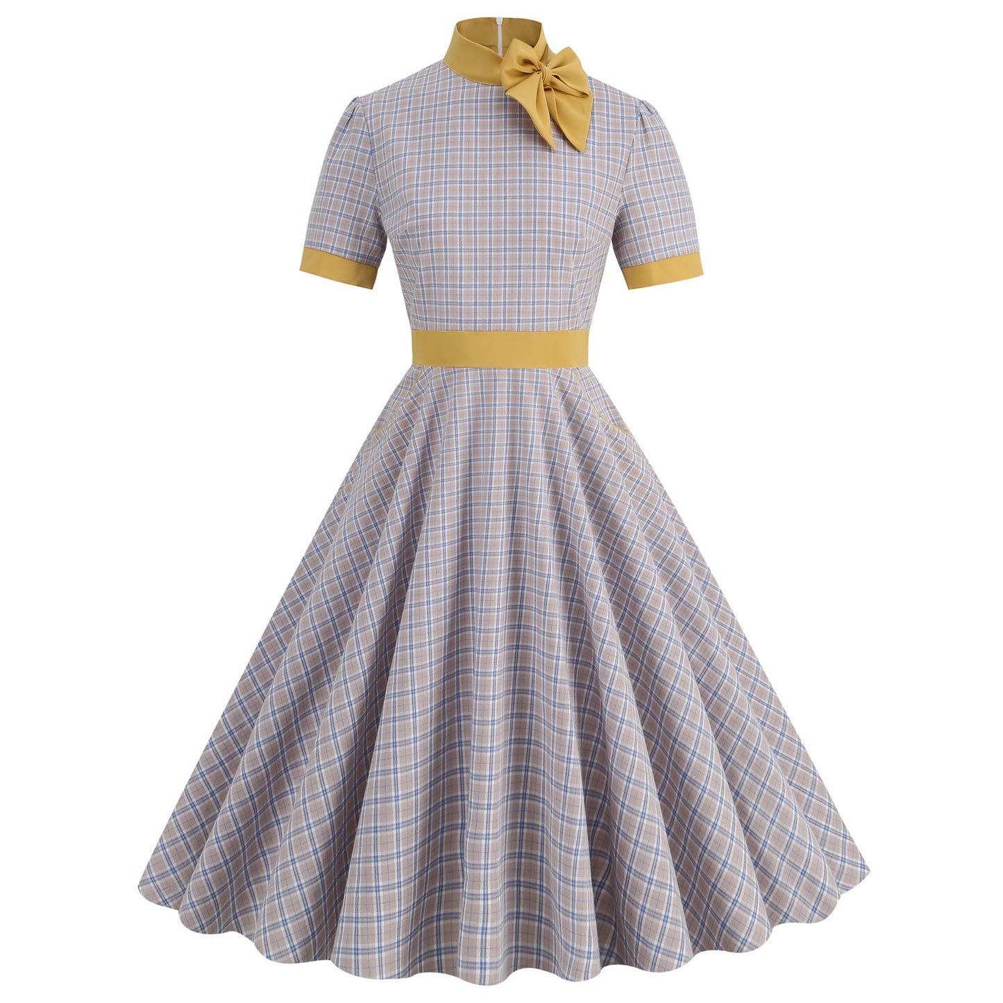Hepburn Style Retro Stand Collar Contrast Color Sleeve Dresses