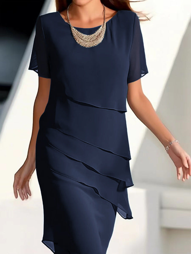 Women's Solid Color Sleeve Glitter Ruffles Crew Neck Dress