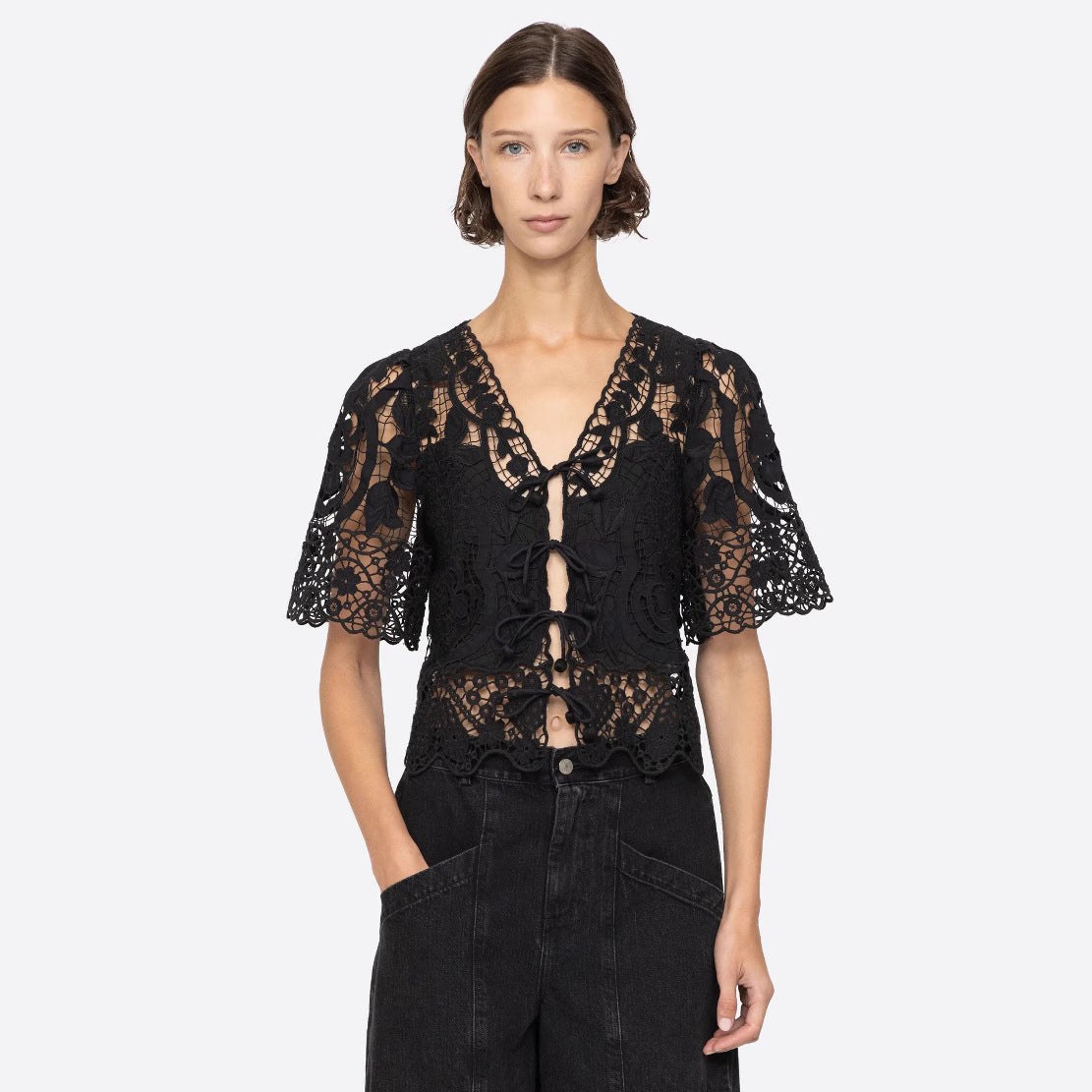 Hollow Lace Embroidered Flounce Trim Up Blouses