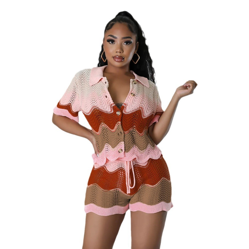 Popular Women's Spring Knitted Short-sleeved Two-piece Fashion Casual Suit