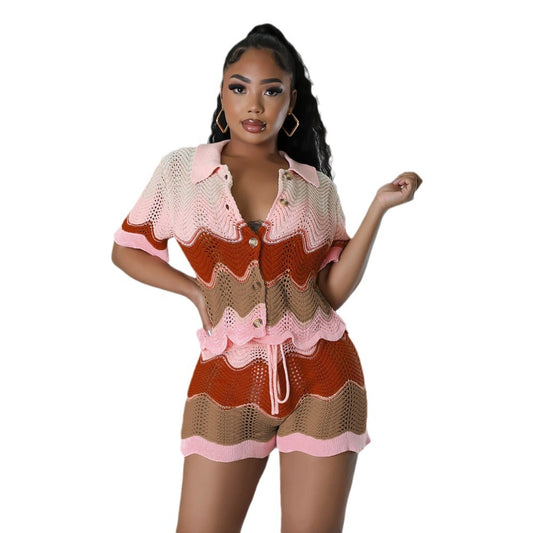 Popular Women's Spring Knitted Short-sleeved Two-piece Fashion Casual Suit