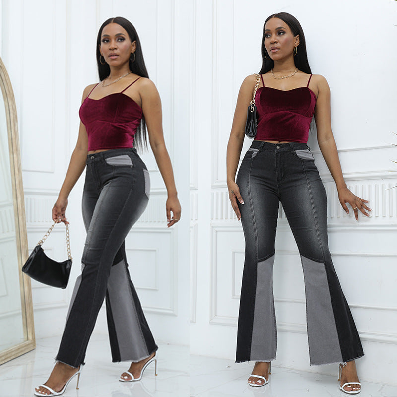 Women's Autumn Contrast Color High Waist Wash Jeans