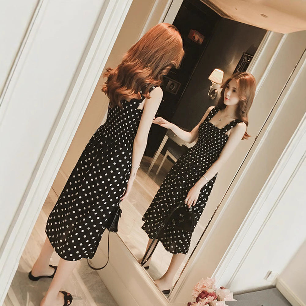 Women's Red Inner Strap Summer Mid-length Polka Dress