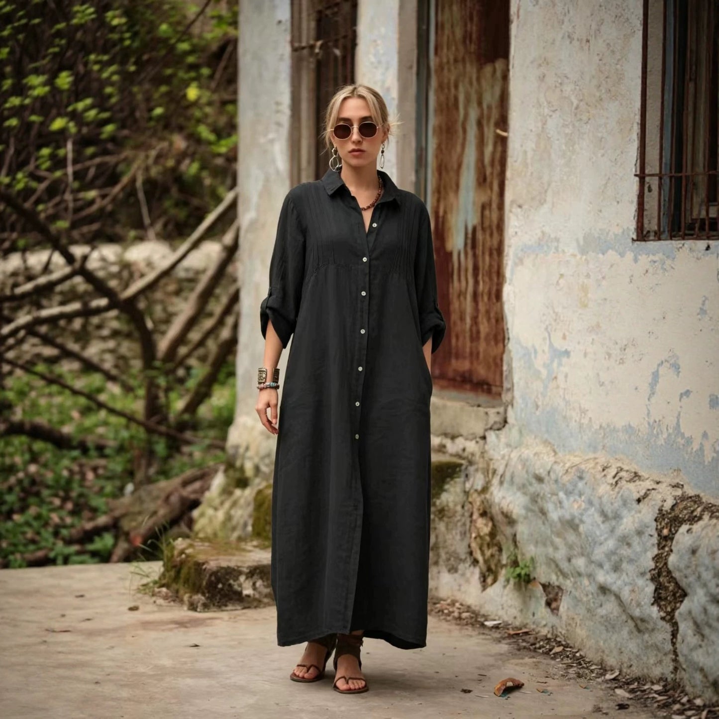 Solid Color Shirt Collar Long Sleeve Temperament Elegant Simple Loose Dress