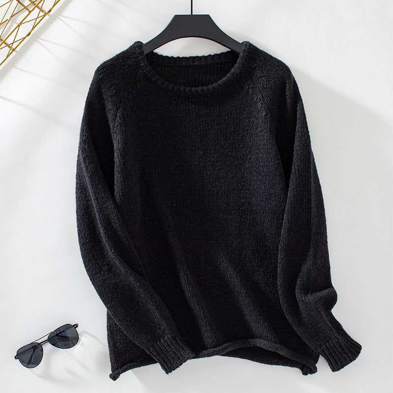 Women's Solid Color Curling Pullover Loose Crew Neck Casual Sweater