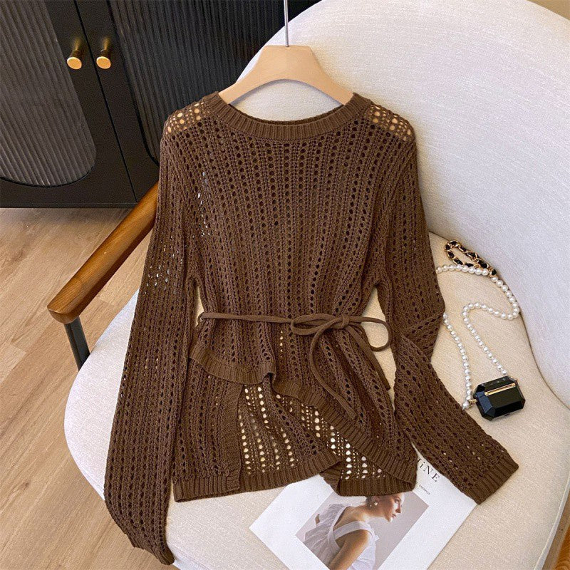 Women's Thin Comfortable Draping Air Conditioning Outerwear Cover-up Round Neck Irregular Sweaters