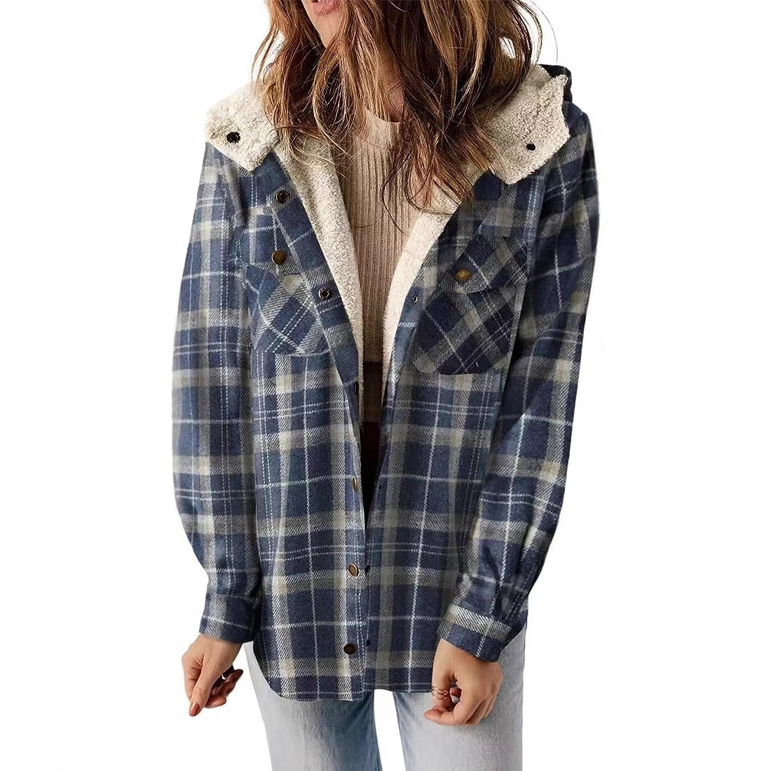 Women's Plush Shirt Casual Plaid Hooded Woolen Jackets