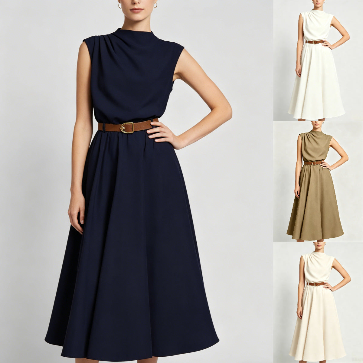 Summer Turtleneck Sleeveless Single Side Pleating With Dress