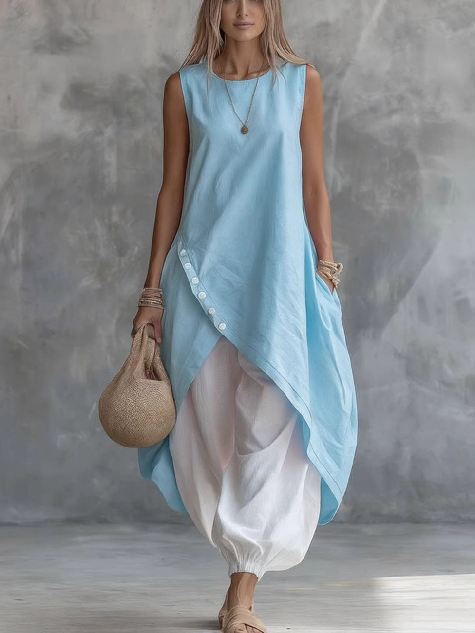 Solid Color Sleeveless Loose Pocket Midi Fashion Casual Suit
