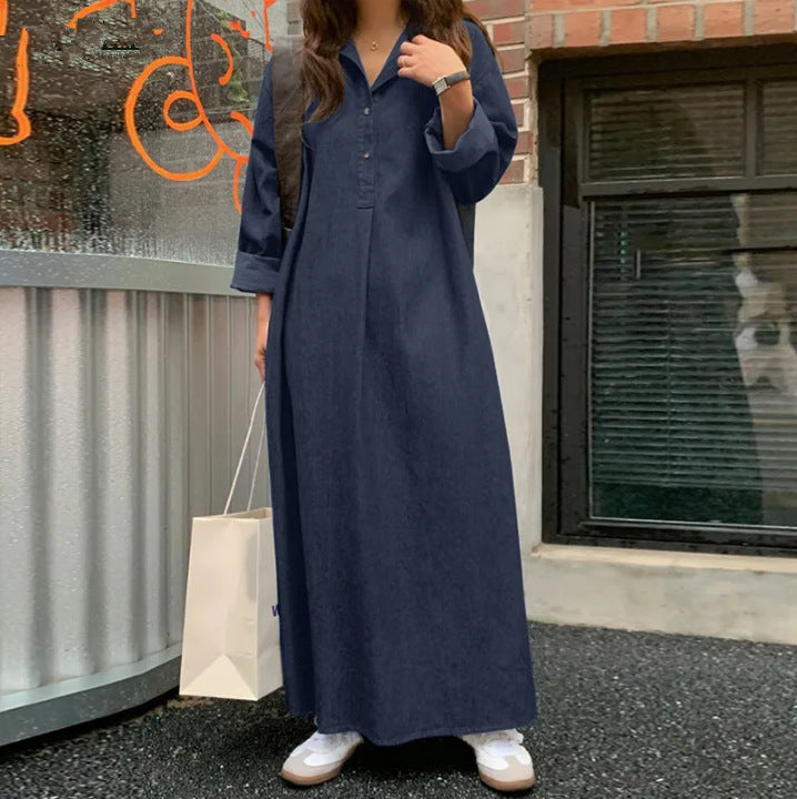Denim Solid Color Temperament Commute Bohemian Dress