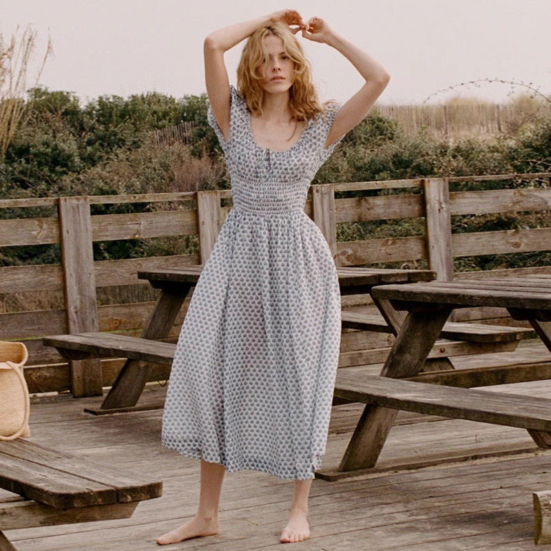 Women's Floral Square Collar Cotton Holiday Midi Dress Dresses