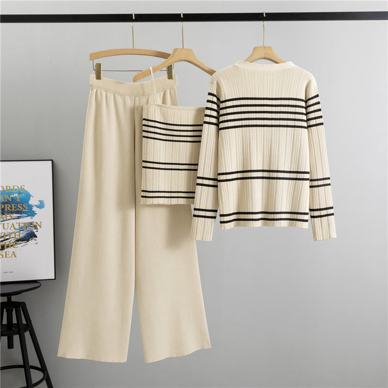 Women's Korean Striped Knitted Sling Fashionable Three-piece Fashion Casual Suit