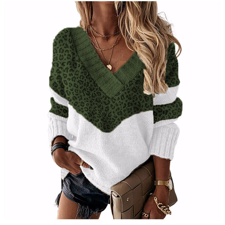 Collar Pullover Color Matching Striped Leopard Tops