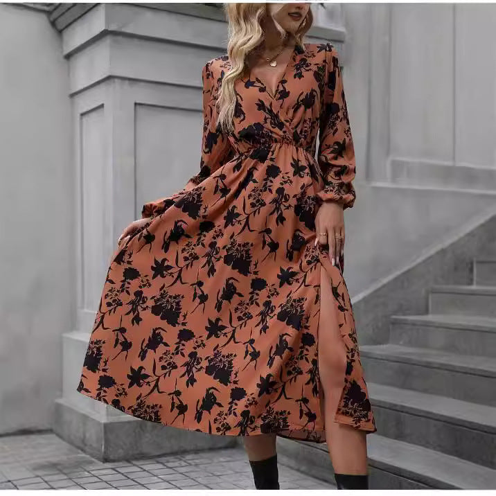 Elegant Floral Printed Slit Fashionable Long Dress