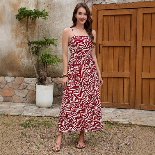 Women's Geometric Rayon Printed Backless Slip Dress Dresses