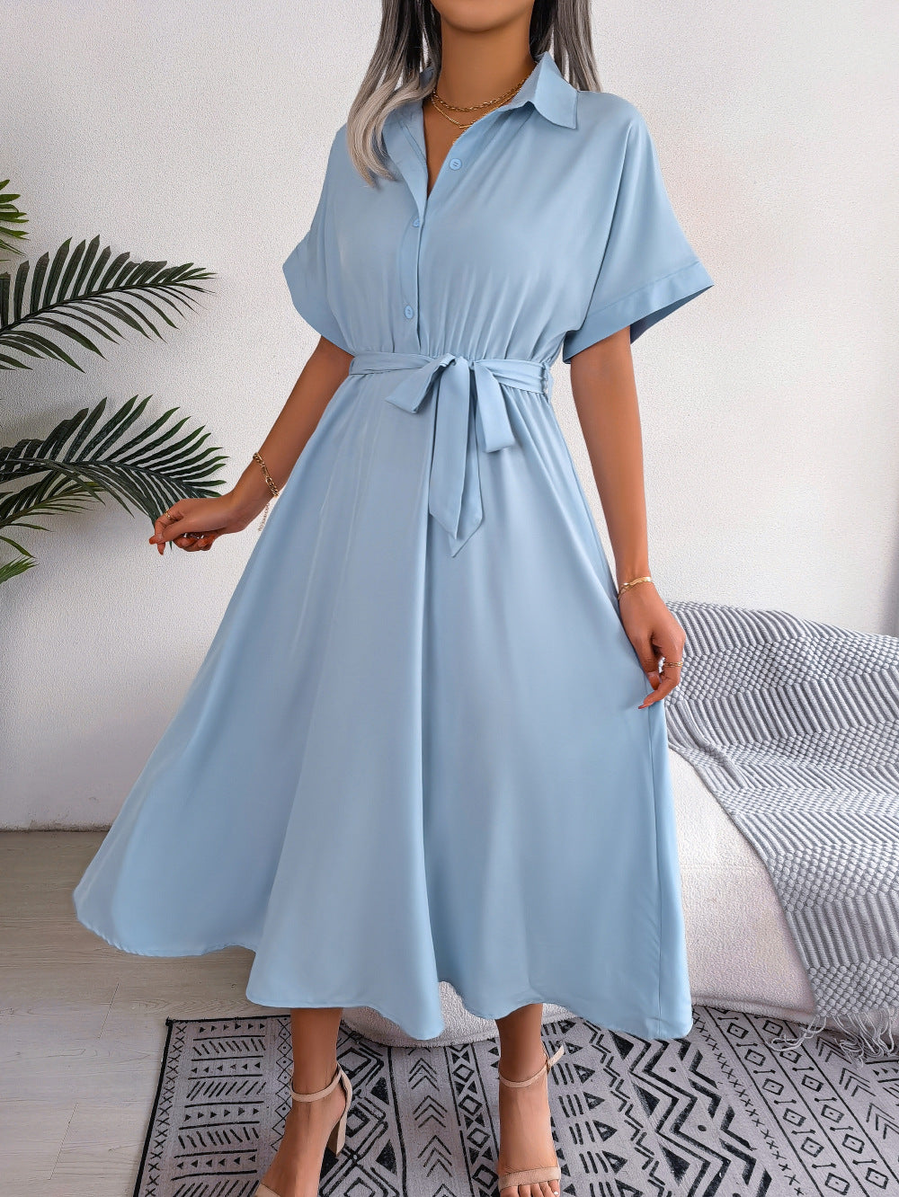 Women's Wind Casual Loose Pure Color Tied Shirt Dress