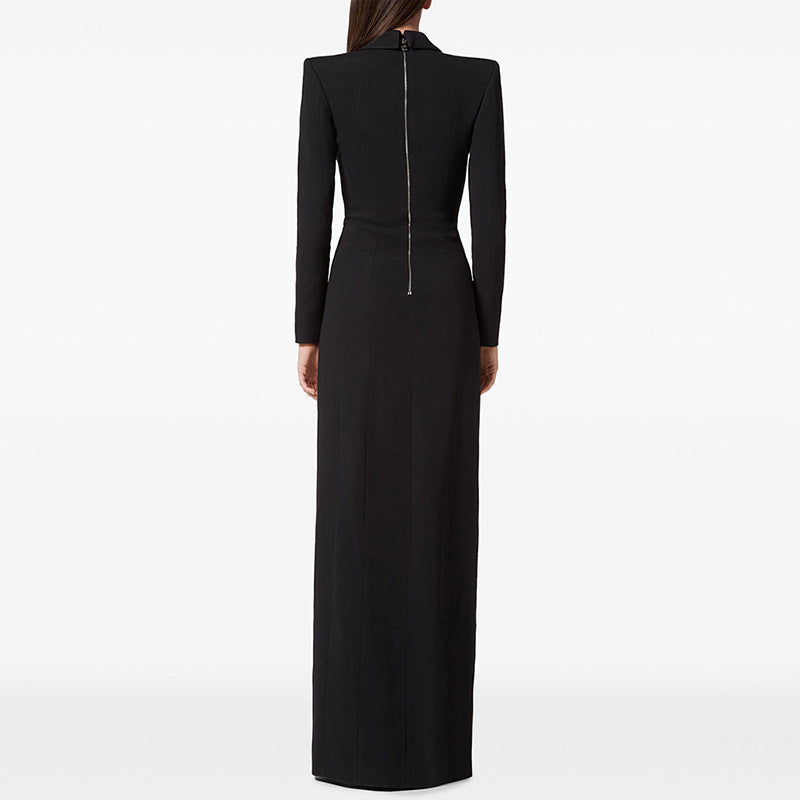 Diamond Button Deep V Collar Slit Maxi Dress