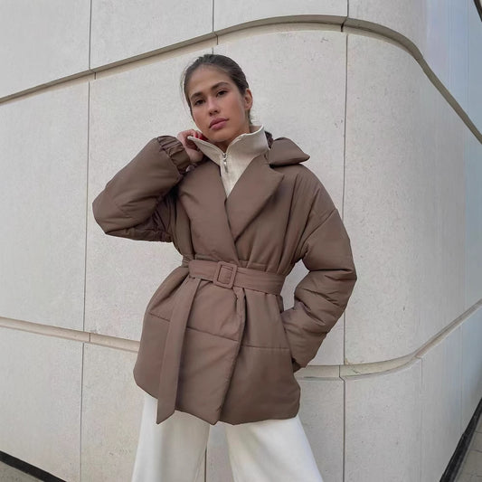 Women's Solid Color Long-sleeved Cotton Thickened Pocket Coats