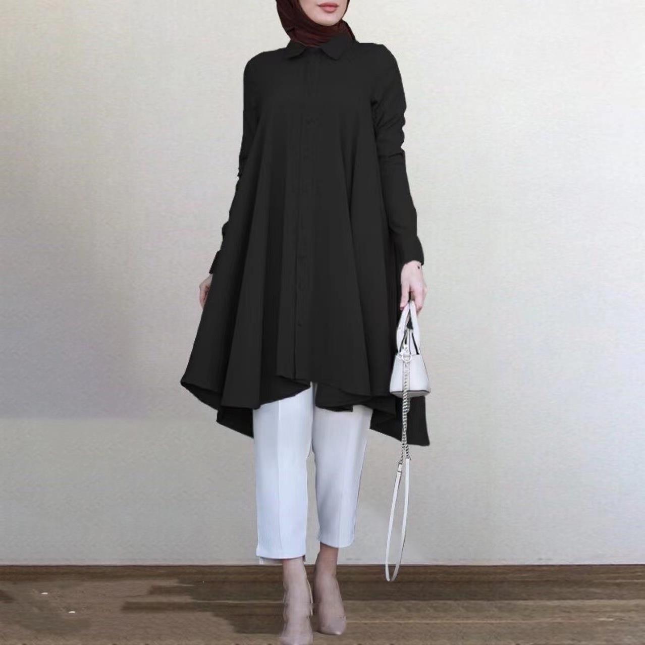 Women's Solid Color Polo Collar Button Placket Dovetail Curved Hem Blouses