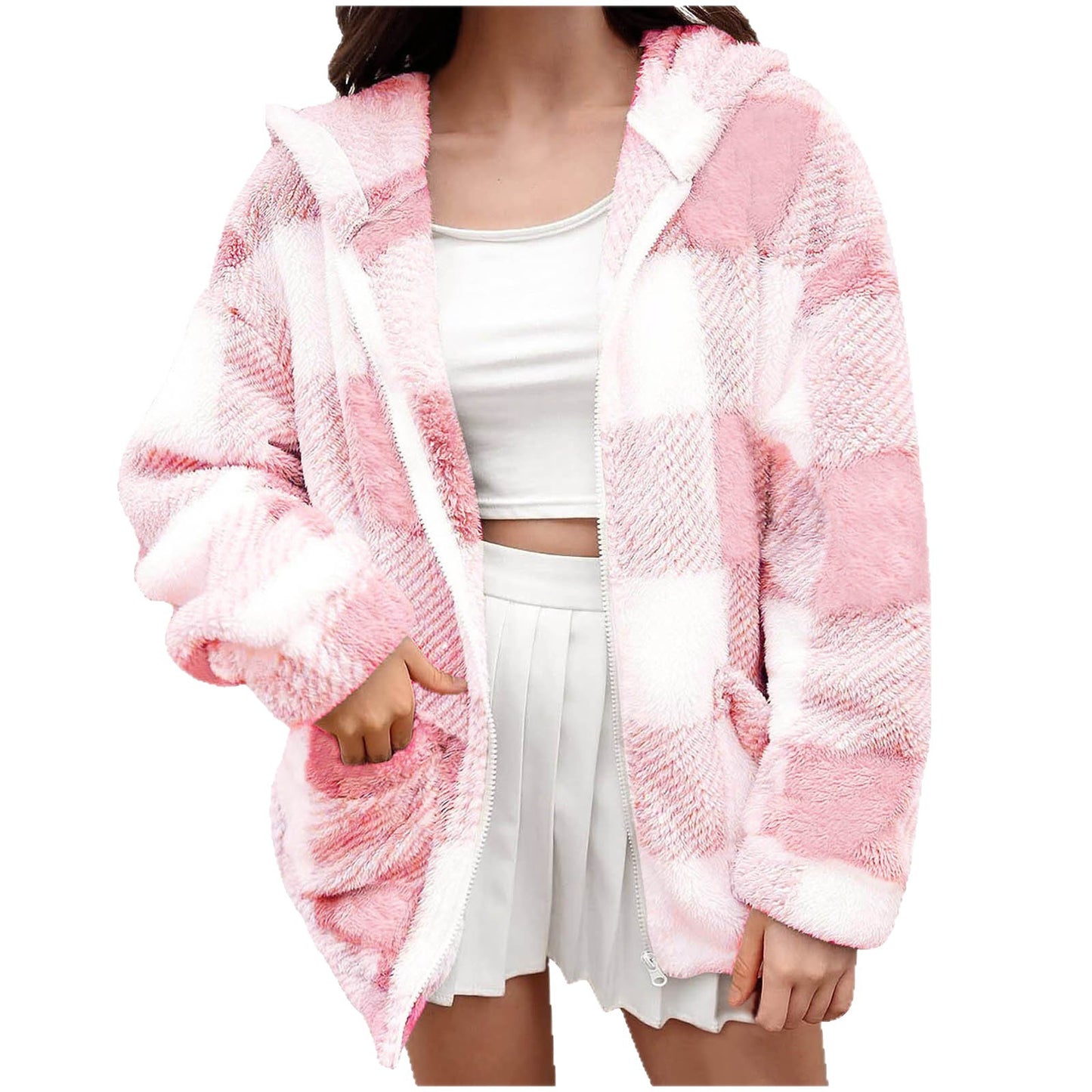 Plaid Loose Casual Long Sleeves Hooded Fur Women's Sweater, Sweater