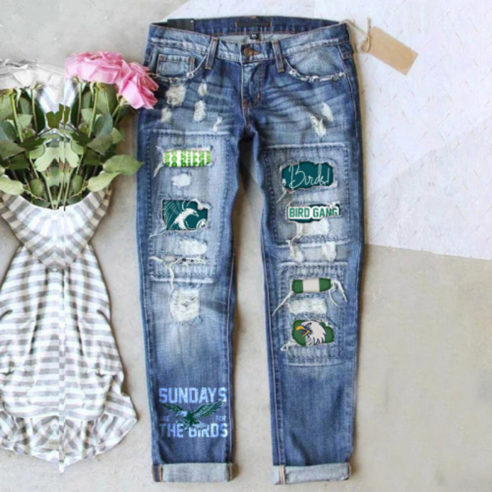 Women's Street Printing Ripped Straight Denim Trousers Jeans