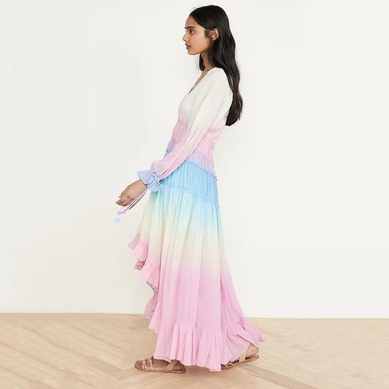 Women's Deep V Long Sleeve Gradient Printing Dresses