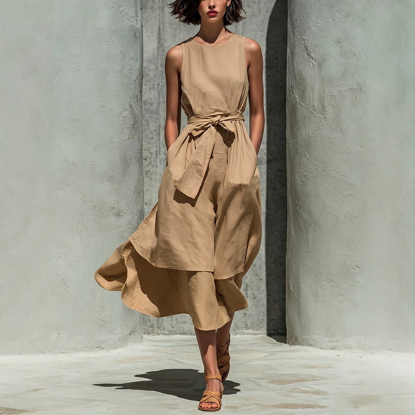 Sleeveless Round Neck Tied Waist Irregular Swing Dress